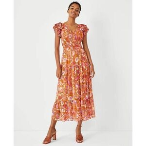 Ann Taylor Women's V-Neck Shimmer Batik Floral Flutter Sleeve Maxi Dress Size 2